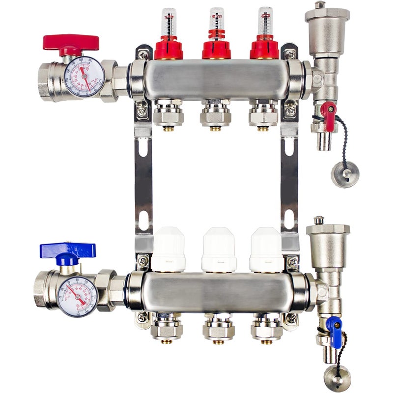 AB 3 Loop PEX/Radiant Manifold, 1/2 Inch Compatible Outlets, Up to 1.4 GPM Flow Valve for Hydronic Radiant Floor Heating(1/2" Connectors Included) - Image 1